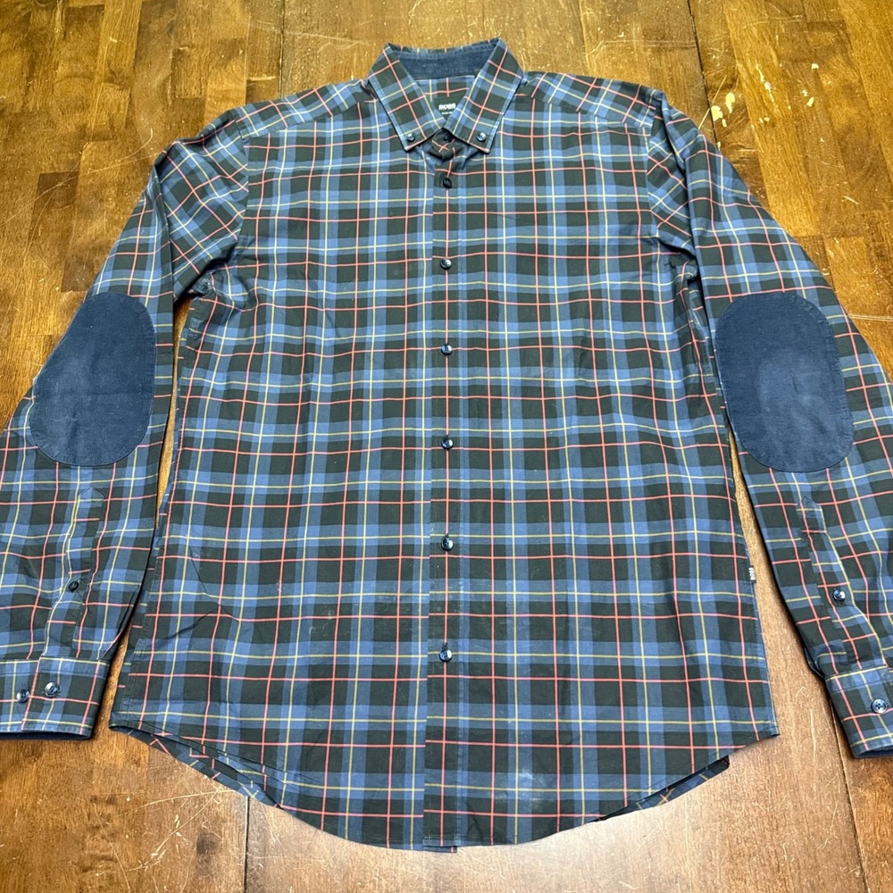 Hugo Boss Button Down Shirt Mens M Blue Plaid Sven_3 Slim Corduroy Elbow Patches